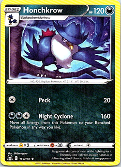 Honchkrow 115/196 Pokemon Lost Origin Regular Light Play - Image 1