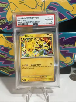 2025 POKEMON SVP EN-SV BLACK STAR PROMO WORLD CHAMPIONSHIPS #225 PIKACHU PSA 10 - Image 1