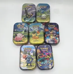 *EMPTY* Pokemon TCG Mini Storage Tin Lot of 7 Umbreon Pikachu Riolu, etc - Image 1