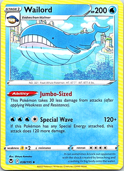 Wailord 038/195 Pokemon Silver Tempest Regular Light Play - Image 1