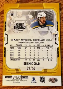 2025-26 O-Pee-Chee OPC Platinum Robert Thomas Seismic GOLD #09/50 Blues - Image 2