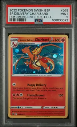 PSA 9 Special Delivery Charizard SWSH075 Pokemon Center UK Holo Black Star Promo - Image 1