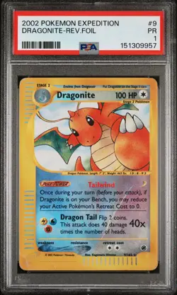 2002 POKEMON EXPEDITION #9 DRAGONITE-REVERSE FOIL PSA 1 - Image 1
