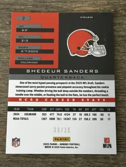 2025 Honors SHEDEUR SANDERS Rookie /35 #2 Red Prizm SP Cleveland Browns - Image 2