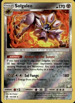Pokemon Solgaleo 142/236 Cosmic Eclipse Reverse Holo Rare - Image 1