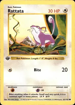 POKEMON RATTATA 61 BASE SET SHADOWLESS 102 COMMON 1ST EDITION MP - Image 1