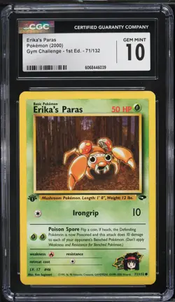 2000 Pokemon Gym Challenge 1st Edition Erika's Paras #71 CGC 10 GEM MINT - Image 1