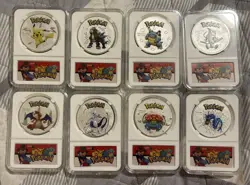 Complete Set Of 8 Silver Plated & Slabbed Pokemon Coins Charizard Pikachu Mewtwo - Image 1