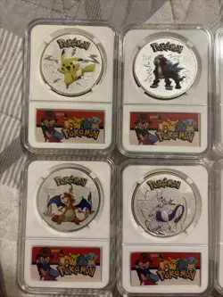 Complete Set Of 8 Silver Plated & Slabbed Pokemon Coins Charizard Pikachu Mewtwo - Image 2