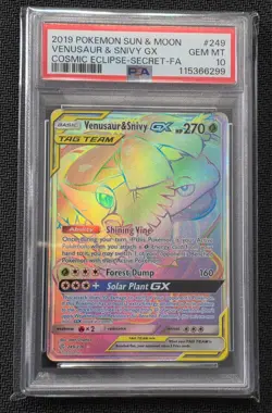 2019 POKEMON SUN & MOON COSMIC ECLIPSE #249 VENUSAUR & SNIVY GX PSA 10 - Image 1