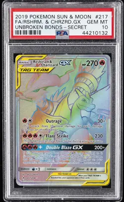 2019 POKEMON SUN & MOON UNBROKEN BONDS FULL ART/RESHIRAM & CHARIZARD GX PSA 10 - Image 1