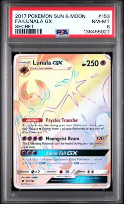 PSA 8 NM-MT 2017 Pokemon Sun & Moon Full Art Rainbow Rare LUNALA GX SECRET #153 - Image 1