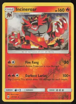 Incineroar 26/149 Rare SM Base Set Pokemon Reverse Holo Lightly Played - Image 1