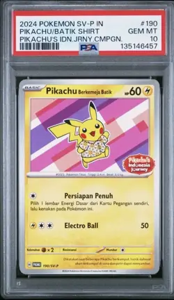 PSA 10 POKEMON SV-P IN #190 PIKACHU BATIK SHIRT GEM MINT PIKACHUS IDN JRNY CMPGN - Image 1
