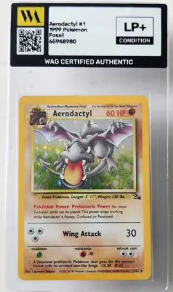 WAG Certified Lp+ Pokemon TCG - Aerodactyl 1/62 Holo Unlimited Fossil Unlimited - Image 1
