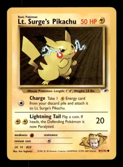Lt. Surge's Pikachu 81/132 Common Gym Heroes Pokemon Unlimited Damaged - Image 1
