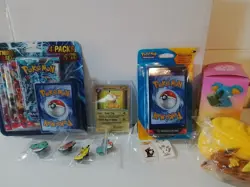 pokemon tcg lot sealed + Eevee Toy + Pins + Custom Thicc Pikachu Metal Card - Image 1