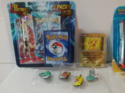 pokemon tcg lot sealed + Eevee Toy + Pins + Custom Thicc Pikachu Metal Card - Image 2