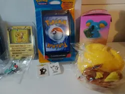 pokemon tcg lot sealed + Eevee Toy + Pins + Custom Thicc Pikachu Metal Card - Image 3