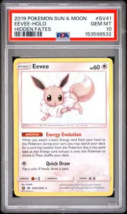2019 POKEMON SUN & MOON HIDDEN FATES #SV41 EEVEE-HOLO PSA 10 - Image 1