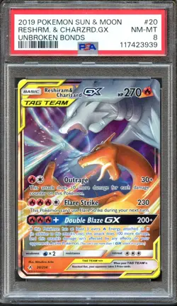 Reshiram & Charizard GX 20/214 Unbroken Bonds PSA 8 NM/Mint Pokemon Card - Image 1