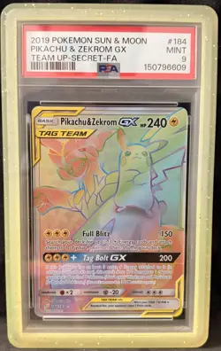 Pikachu & Zekrom GX 184/181 Rainbow Rare Team Up Pokemon Tag Team English PSA 9 - Image 1