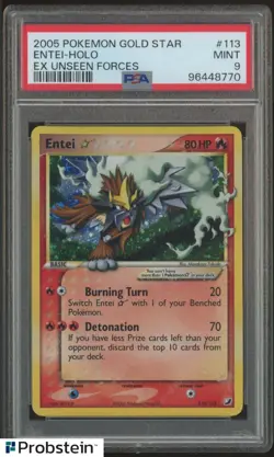 2005 Pokemon Entei Gold Star Holo EX Unseen Forces 113/115 PSA 9 MINT - Image 1