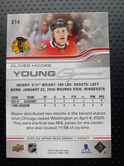 2025-26 Upper Deck Series 1 Young Guns #216 Oliver Moore Rookie Card - Image 2