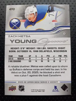 2025-26 Upper Deck Series 2 Young Guns #490 Zach Metsa Rookie Card - Image 2