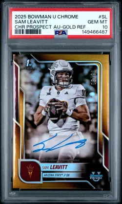 2025 Bowman Chrome U Sam Leavitt True Gold Refractor Auto /50 Rookie LSU PSA 10 - Image 1