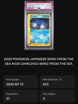 2002 Pokemon Chinchou 036/087 1st Edition Wind F.T. Sea Japanese PSA 10 GEM MINT - Image 2