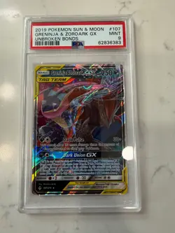 2019 Pokemon Greninja & Zoroark 107/214 Tag Team Unbroken Bonds GX PSA 9 Mint - Image 1