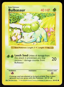Bulbasaur 44/102 Common Base Set Shadowless Pokemon Unlimited MP 01-01-68 - Image 1