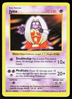 Jynx 31/102 Uncommon Base Set Shadowless Pokemon Unlimited MP 01-01-40 - Image 1