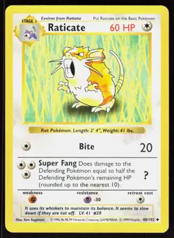 Raticate 40/102 Uncommon Base Set Shadowless Pokemon Unlimited MP 01-01-136 - Image 1