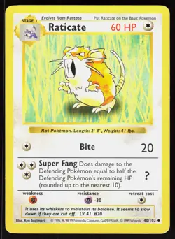 Raticate 40/102 Uncommon Base Set Shadowless Pokemon Unlimited MP 01-01-135 - Image 1