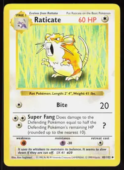 Raticate 40/102 Uncommon Base Set Shadowless Pokemon Unlimited MP 01-01-147 - Image 1