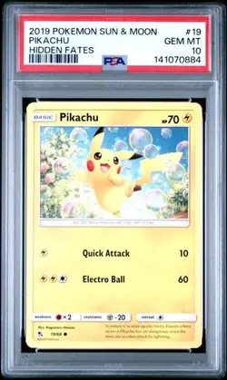 2019 POKEMON SUN & MOON HIDDEN FATES #19 PIKACHU PSA 10 - Image 1