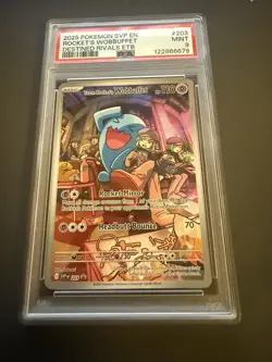 2025 POKEMON SVP DESTINED RIVALS ETB PROMO #203 TEAM ROCKET'S WOBBUFFET PSA 9 - Image 1
