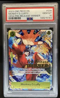 2023 One Piece OP04 Pre-Release Winner Monkey D Luffy #P-036 PSA 10 GEM MINT - Image 1