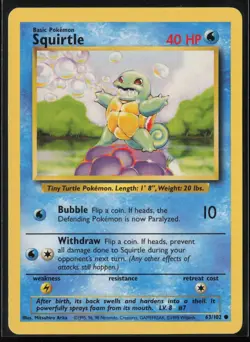 Squirtle 63/102 Common Base Set Unlimited Pokemon Near Mint - Image 1