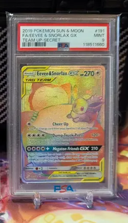 Pokemon - Sun & Moon - Team Up - PSA 9 Eevee & Snorlax GX Secret 191/181 - Image 1