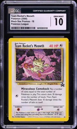 2000 Pokemon League Black Star Promo Team Rocket's Meowth #18 CGC 10 GEM MINT - Image 1