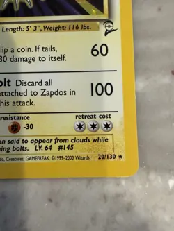 Pokemon TCG Zapdos Base Set 2 Holo Unlimited Rare Card 20/130 - Image 4