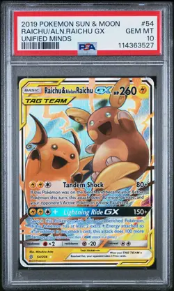 2019 POKEMON SUN & MOON UNIFIED MINDS #54 RAICHU & ALOLAN RAICHU GX PSA 10 - Image 1