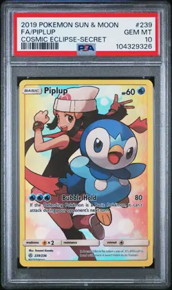 2019 POKEMON SUN & MOON COSMIC ECLIPSE SECRET #239 FULL ART/PIPLUP PSA 10 - Image 1
