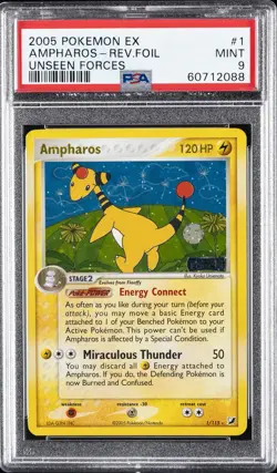 2005 POKEMON EX UNSEEN FORCES #1 AMPHAROS-REVERSE FOIL PSA 9 - Image 1