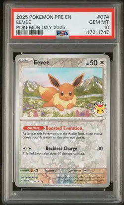 2025 POKEMON PRE EN-PRISMATIC EVOLUTIONS POKEMON DAY 2025 #074 EEVEE PSA 10 - Image 1