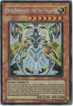 Yu-Gi-Oh! Neo-Parshath, the Sky Paladin (NM) 1st edition Secret Rare STON-EN061 - Image 1