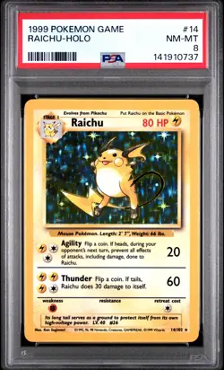 1999 POKEMON BASE SET UNLIMITED #14 RAICHU-HOLO PSA 8 - Image 1